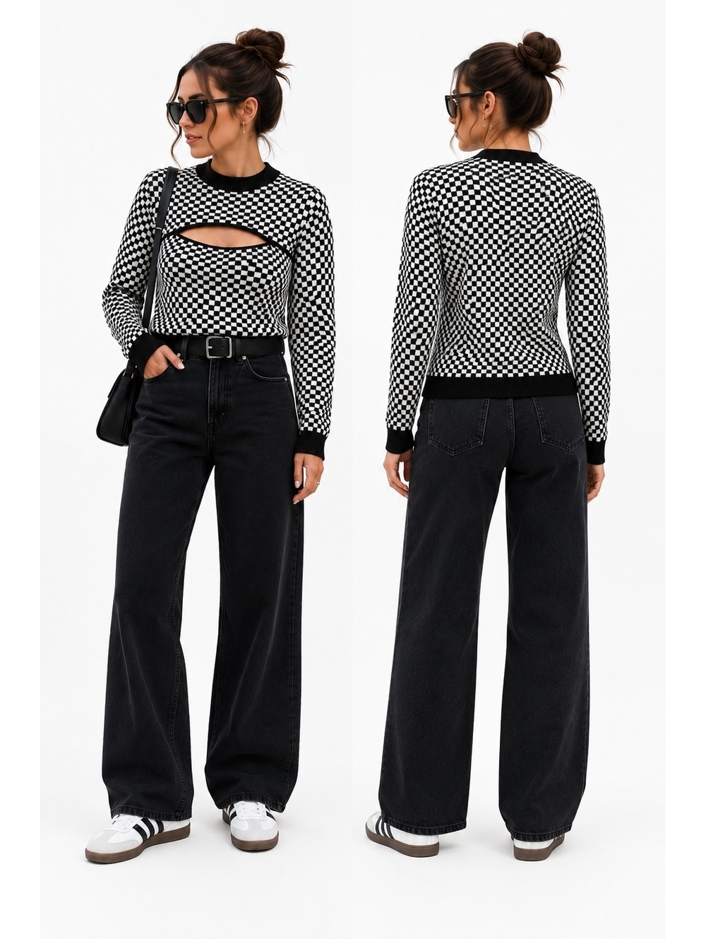 Oak + Fort Checkerboard Knit Sweater Cutout Black White Y2K Style M